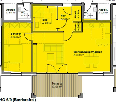 Auf dieser Zeichnung ist der Grundriss Wohnung Nr. 9 der Wohnanlage Schwalm-Terrassen abgebildet. Die Wohnung besteht aus einer großzügigen Diele, einem Duschbad ohne Fenster, einem Wohnraum mit Küchenbereich und einem Schlafzimmer. Über den Wohnbereich gelangt man auf einen großen Balkon.