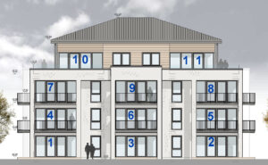 Auf dieser Zeichnung ist ein Mehrfamilienhaus mit Balkonen, Dachterrassen und Terrassen abgebildet. Das Haus besteht aus 11 Wohneinheiten welche nummeriert sind. Im Erdgeschoss befinden sich die Wohnungen 1-3, im 1. Obergeschoss die Wohnungen 4 - 6, im 2. Obergeschoss die Wohnungen 7 - 9 und im Dachgeschoss die Wohnungen 10 + 11.