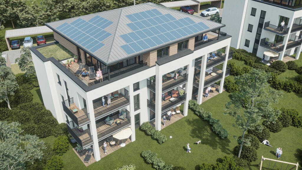 Das Bild zeigt die Visualisierung eines modern Wohnhaus mit insgesamt 11 Wohneinheiten. Jede Wohnung verfügt über einen großzügigen Balkon. Das Erdgeschoss sowie das 1. und 2. Obergeschoss sind identisch. Hier befinden sich pro Etage drei Wohnungen. Das Obergeschoss besteht aus zwei Penthouse-Wohnungen mit Dachterrassen. Die Außenanlage wirkt sehr gepflegt. Ein grüner Rasen und grüne Bäume umgeben das Mehrfamilienhaus.