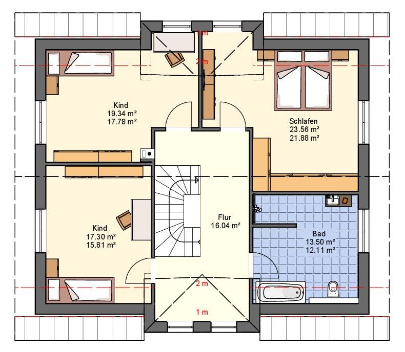 Auf dieser Zeichnung ist ein moderner Obergeschoss-Grundriss farbig dargestellt zu sehen. Die Räume sind visualisiert mit Böden, Möbeln und Einrichtungsgegenständen sowie Größenangaben.