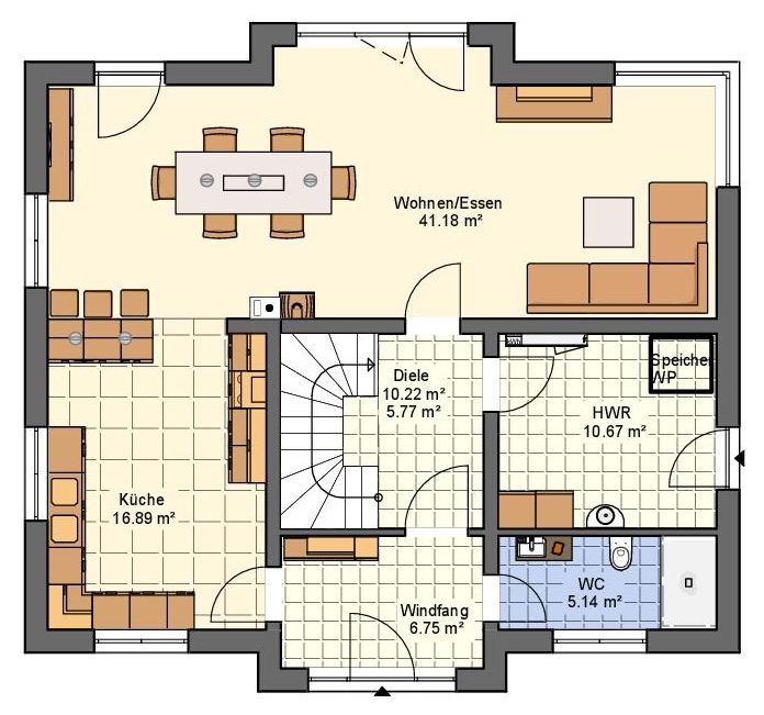 Auf dieser Zeichnung ist ein moderner Erdgeschoss-Grundriss farbig dargestellt zu sehen. Die Räume sind visualisiert mit Böden, Möbeln und Einrichtungsgegenständen sowie Größenangaben.